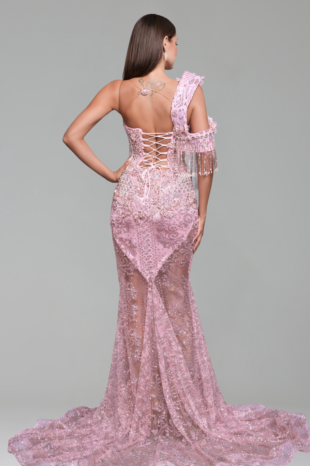 Beaded Tassel Illusion Evening Dress - LAROSABRIDE