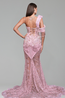 Beaded Tassel Illusion Evening Dress - LAROSABRIDE