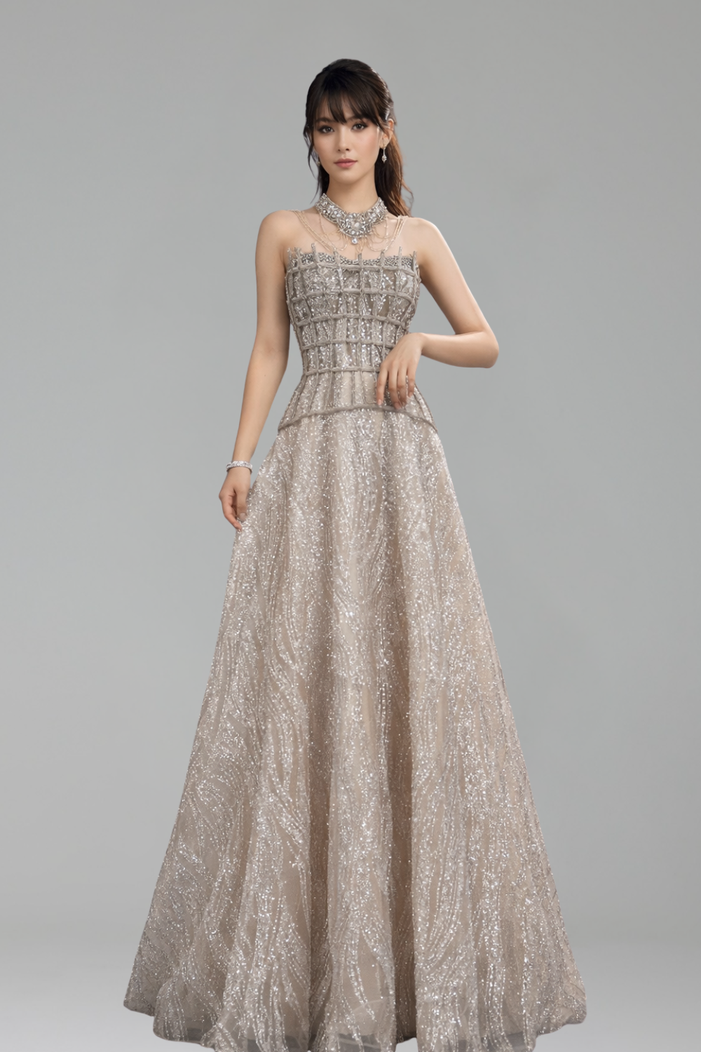 Nude Beaded A Line Evening Dress - LAROSABRIDE