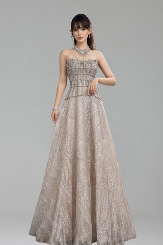 Nude Beaded A Line Evening Dress - LAROSABRIDE