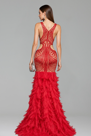 Feathered Embellished Mermaid Evening Gown