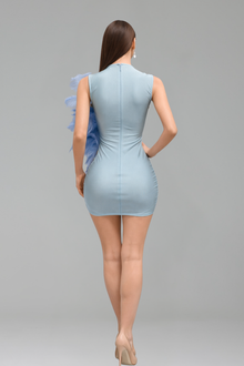 Asymmetric Feather Embellished Mini Dress - LAROSABRIDE