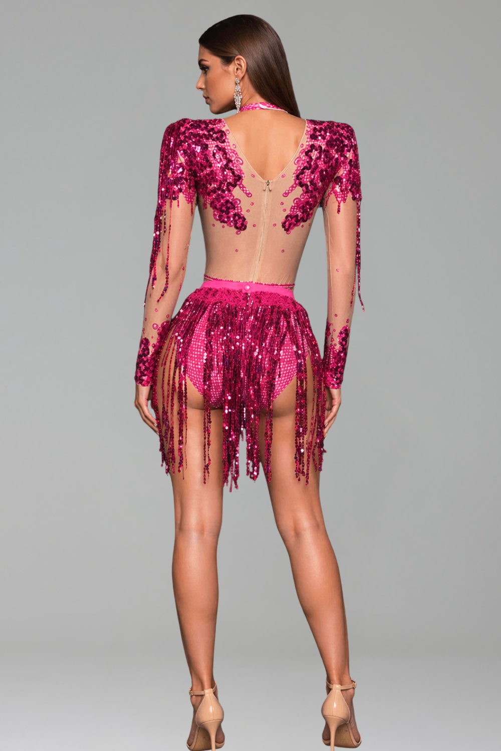 Sequined Fringe Sheer Cutout Mini Dress - LAROSABRIDE