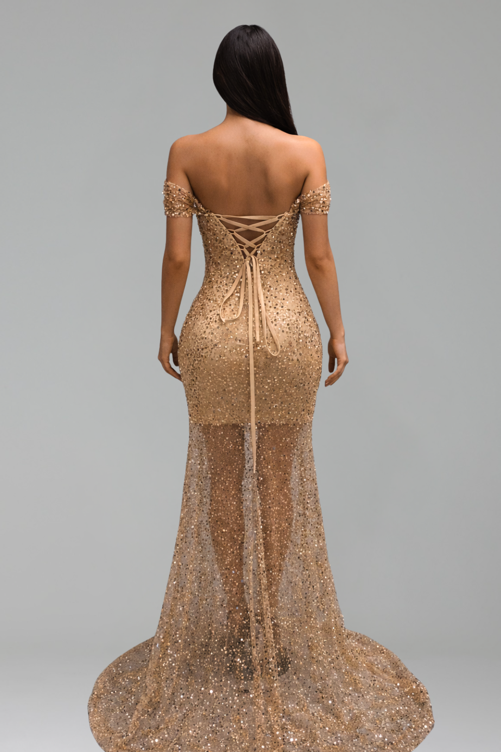 Off Shoulder Sheer Beaded Gown - LAROSABRIDE
