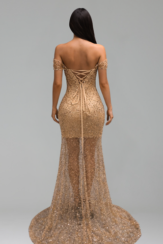 Off Shoulder Sheer Beaded Gown