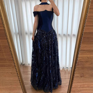 Ships in 2 to 5 Days - Luxury Arabic Navy Blue Beaded A-Line Evening Gown – Elegant Formal Dress 2025.