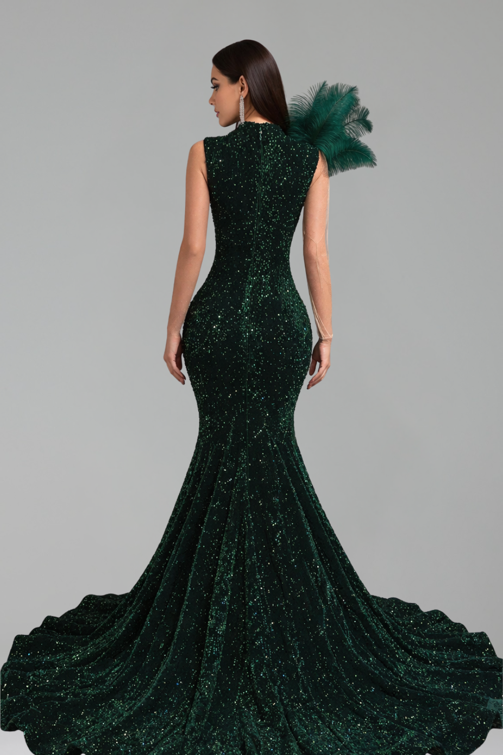 Feather Shoulder Illusion Sequin Mermaid Gown - LAROSABRIDE