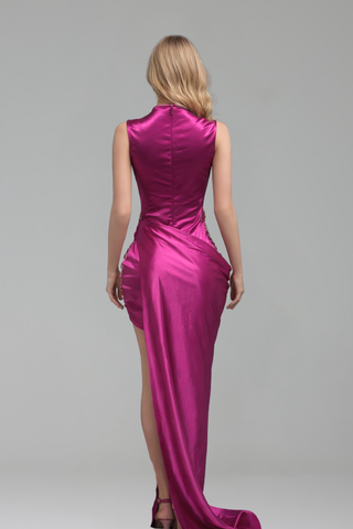 Beaded Sheer Halter Dress with Draped Skirt