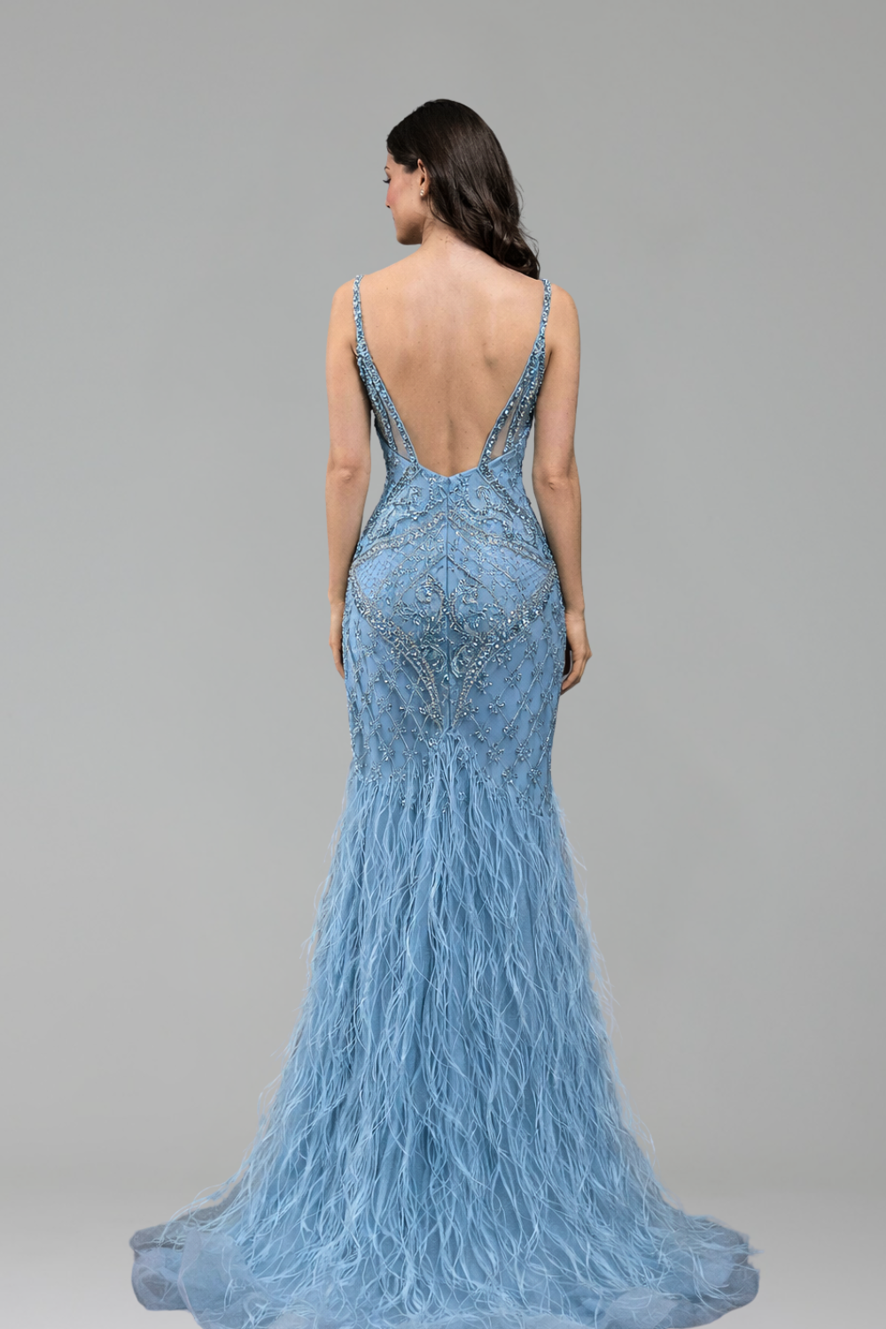 Feather Beaded Strap Gown - LAROSABRIDE
