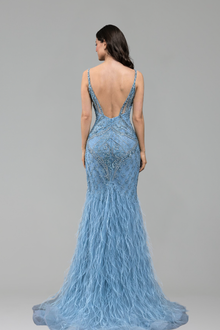 Feather Beaded Strap Gown - LAROSABRIDE