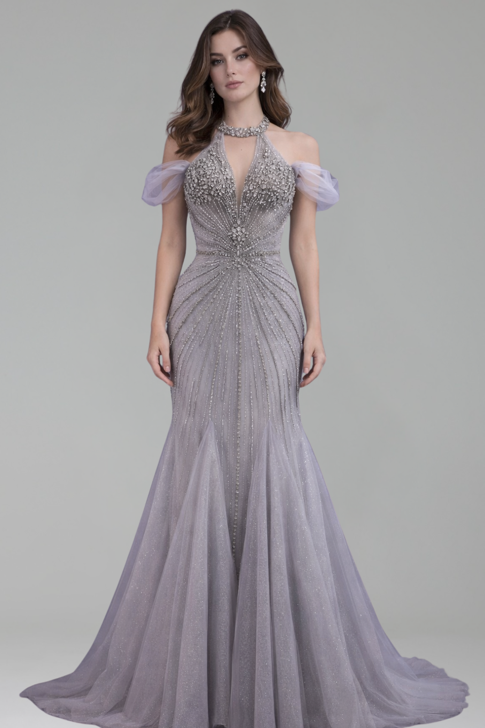 Off Shoulder Feather Beaded Mermaid Gown - LAROSABRIDE