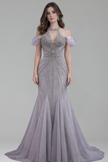 Off Shoulder Feather Beaded Mermaid Gown - LAROSABRIDE