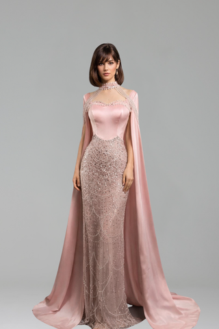 Satin Cape Beaded Gown - LAROSABRIDE