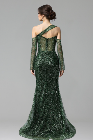 One-Shoulder Beaded Mermaid Gown - LAROSABRIDE