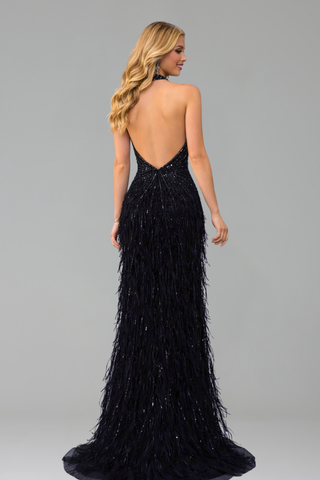 Feather Beaded Halter Mermaid Dress