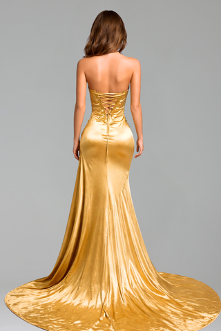 Strapless Draped High Slit Gown