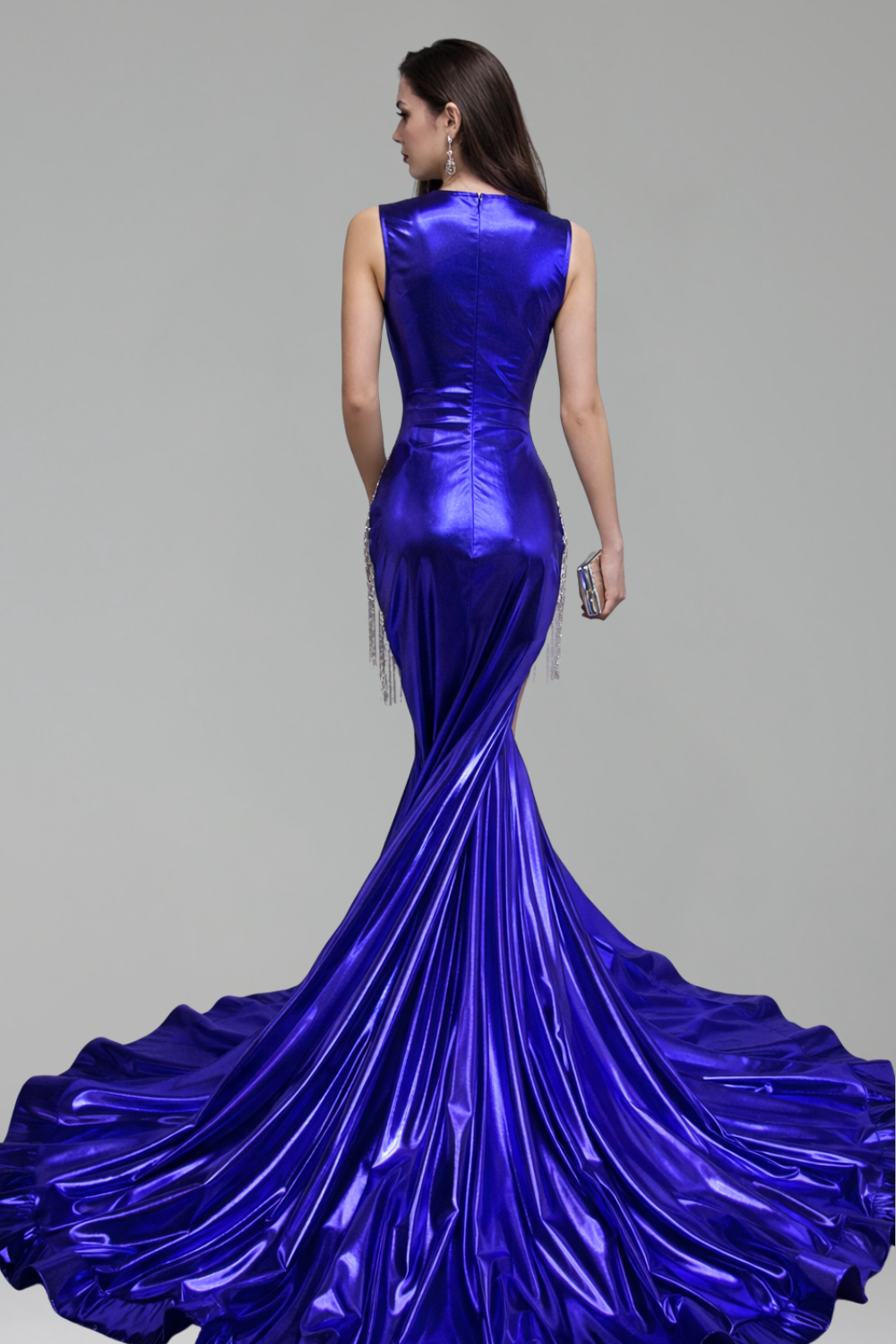 Beaded Fringe Illusion Mermaid Satin Gown - LAROSABRIDE