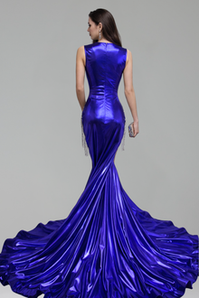 Beaded Fringe Illusion Mermaid Satin Gown - LAROSABRIDE