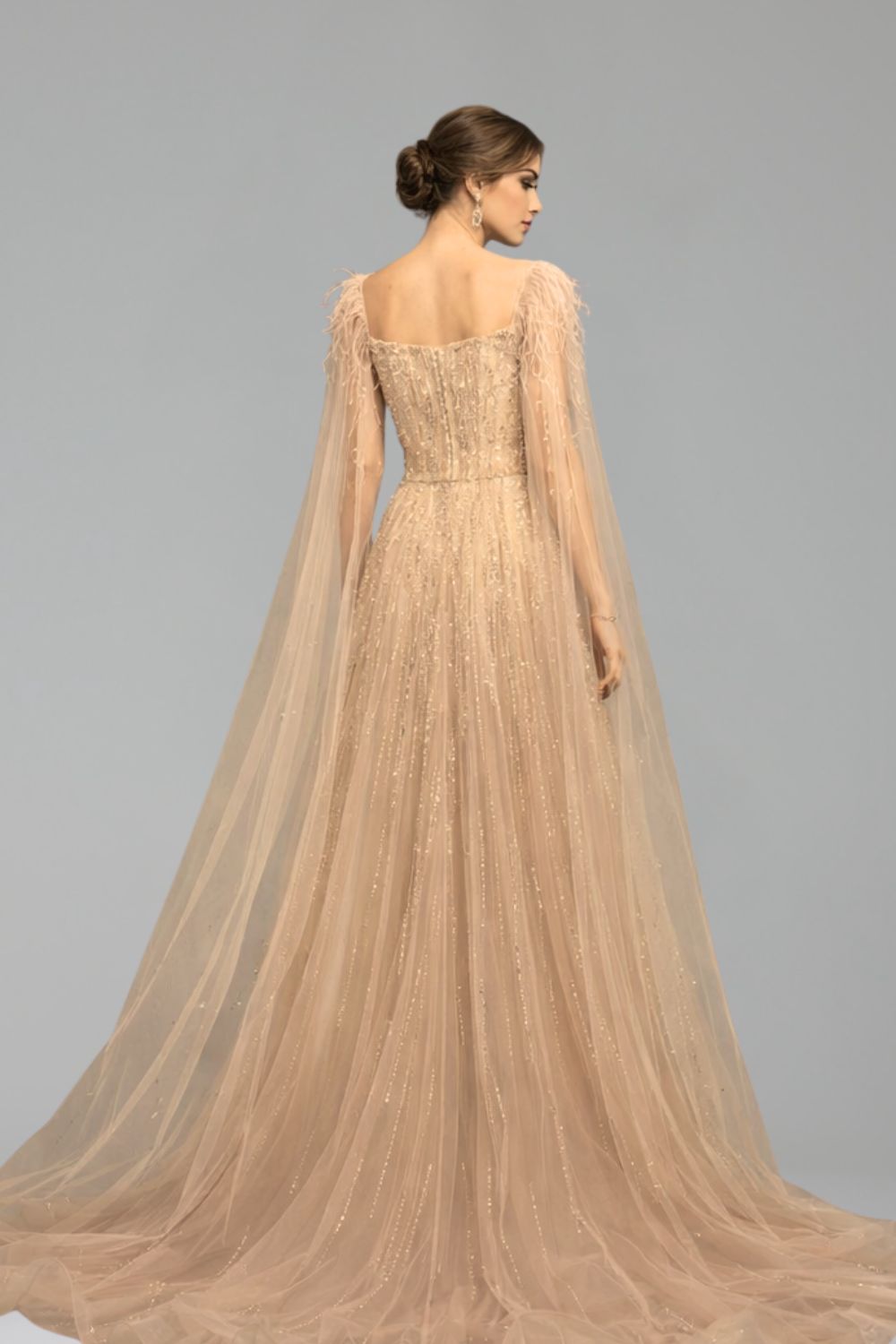 Feather Beaded Cape Dress - LAROSABRIDE