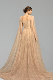 Feather Beaded Cape Dress - LAROSABRIDE