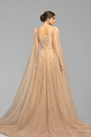 Feather Beaded Cape Dress - LAROSABRIDE