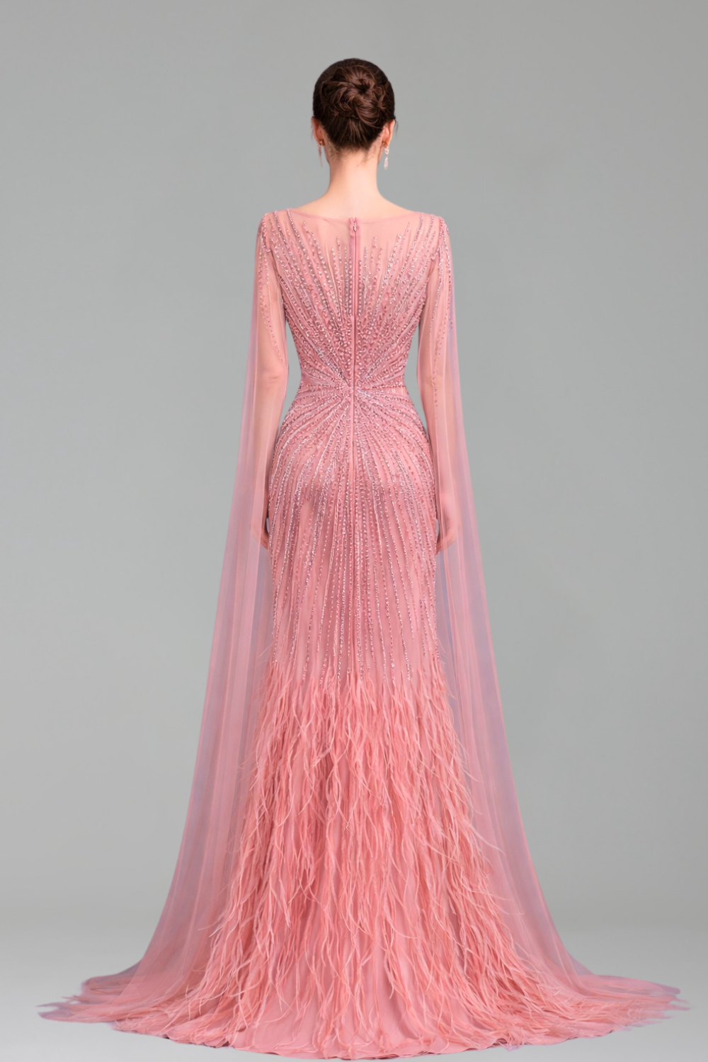Feather Cape Sleeve Evening Dress - LAROSABRIDE
