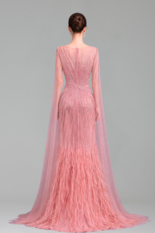 Feather Cape Sleeve Evening Dress - LAROSABRIDE