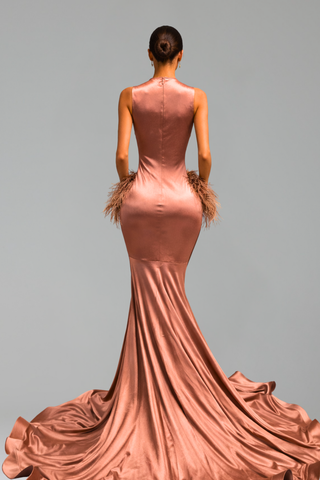 Illusion Feather Detail Mermaid Gown
