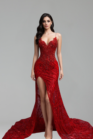 Beaded Mermaid Gown with Slit and Train - LAROSABRIDE