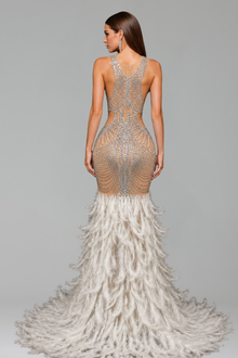 Feathered Embellished Mermaid Evening Gown - LAROSABRIDE