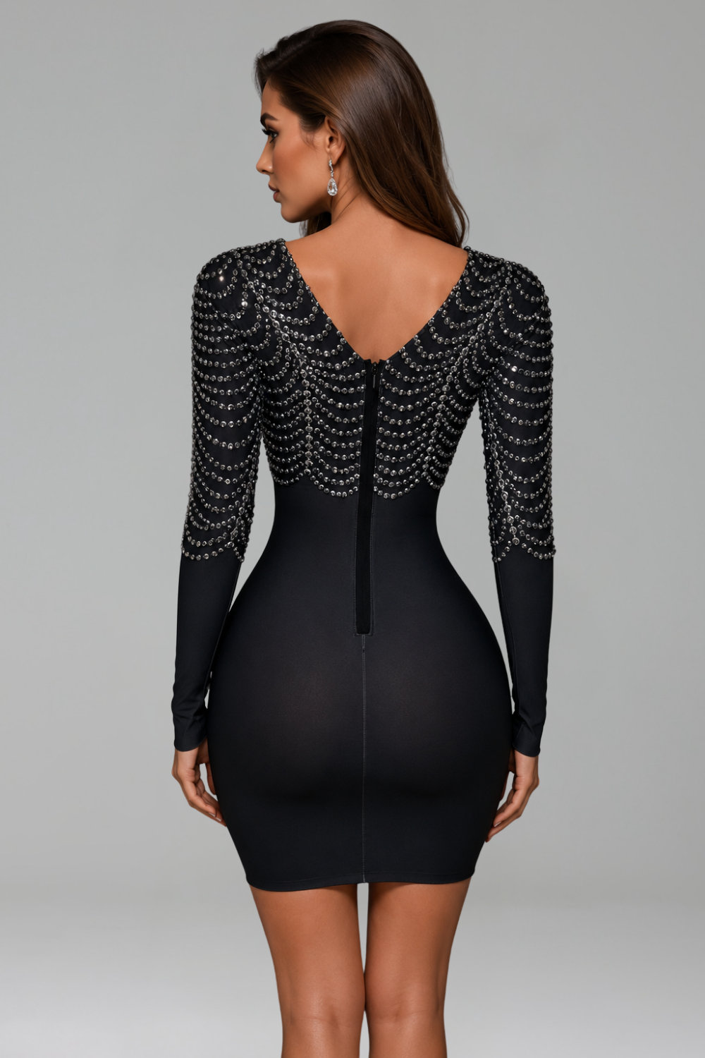 Crystal Embellished Long Sleeve Mini Dress - LAROSABRIDE