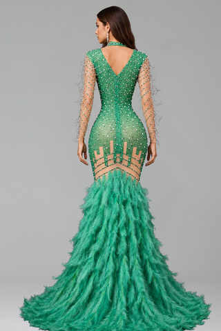 Emerald Crystal Feather Gown