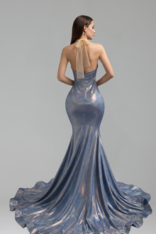Iridescent Satin Lace Halter Mermaid Gown - LAROSABRIDE