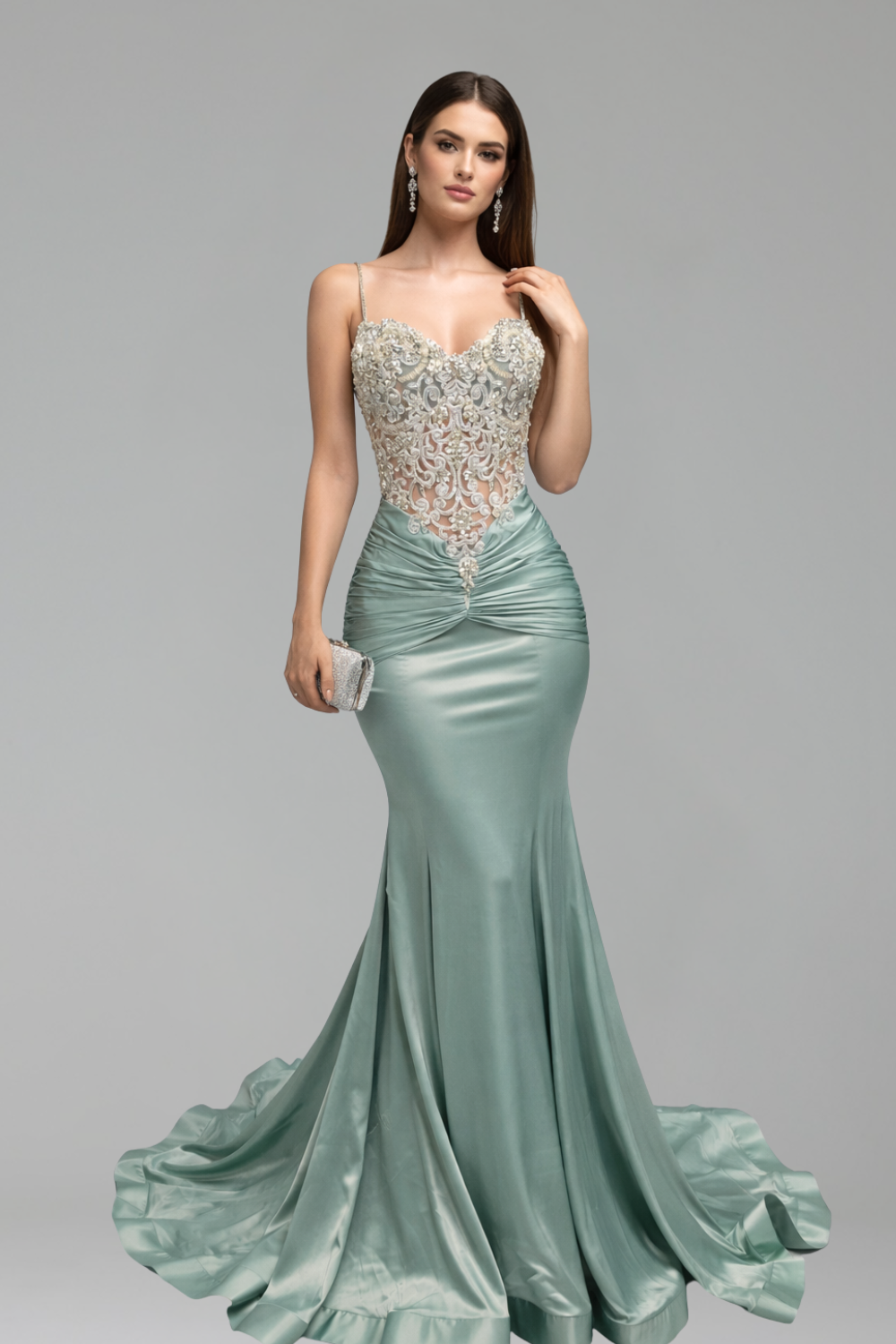 Embellished Satin Mermaid Dress - LAROSABRIDE