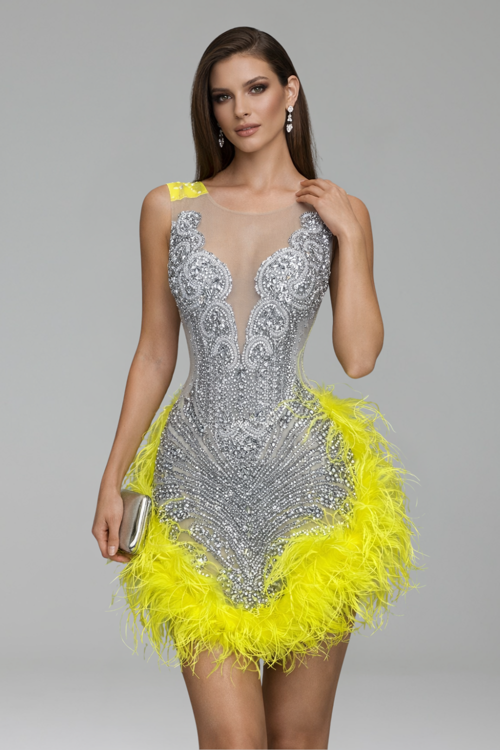 Crystal Embellished Feather Mini Dress - LAROSABRIDE
