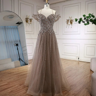 Ships in 2 to 5 Days - Luxury Customized Gray Beaded Arabic Off-Shoulder A-Line Evening Dress – 2025 Collection