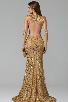 Gold Mirror Embellished Sheath Gown - LAROSABRIDE