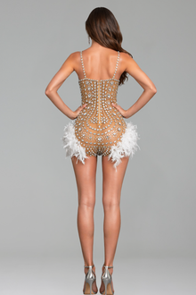 Crystal Lattice Feather Trim Mini Dress - LAROSABRIDE