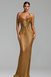 Halter Satin Back Evening Dress - LAROSABRIDE