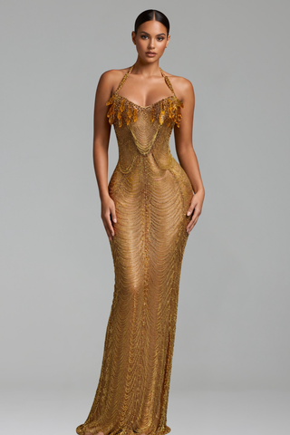 Halter Satin Back Evening Dress - LAROSABRIDE