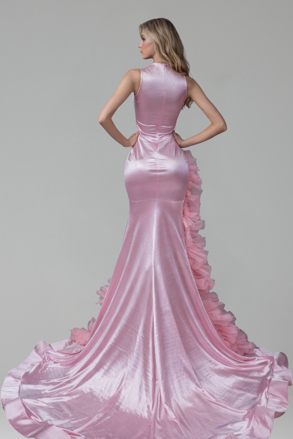 Beaded Halter Ruffle Mermaid Gown - LAROSABRIDE