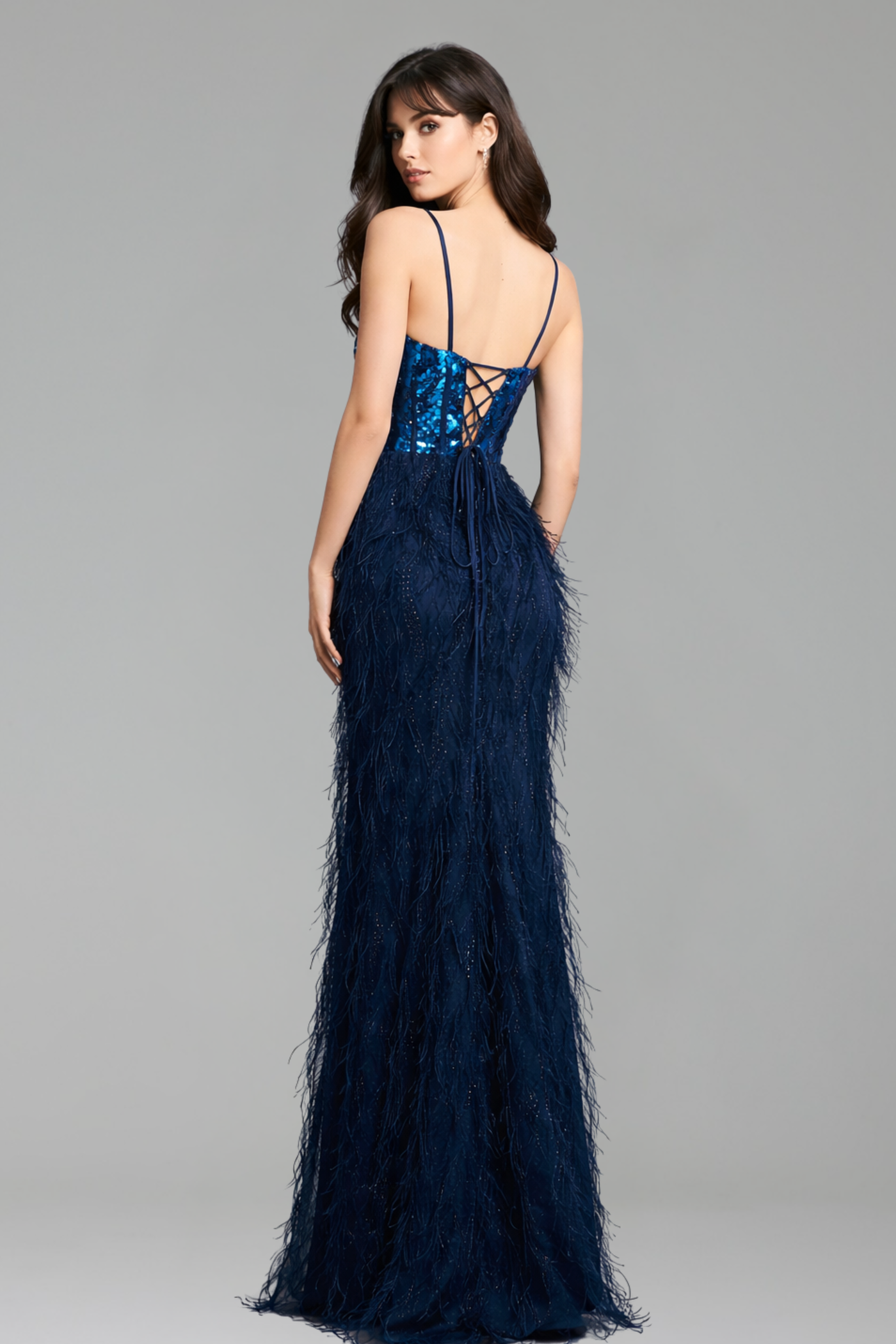 Peacock Blue Feathered Sequin Prom Dress - LAROSABRIDE
