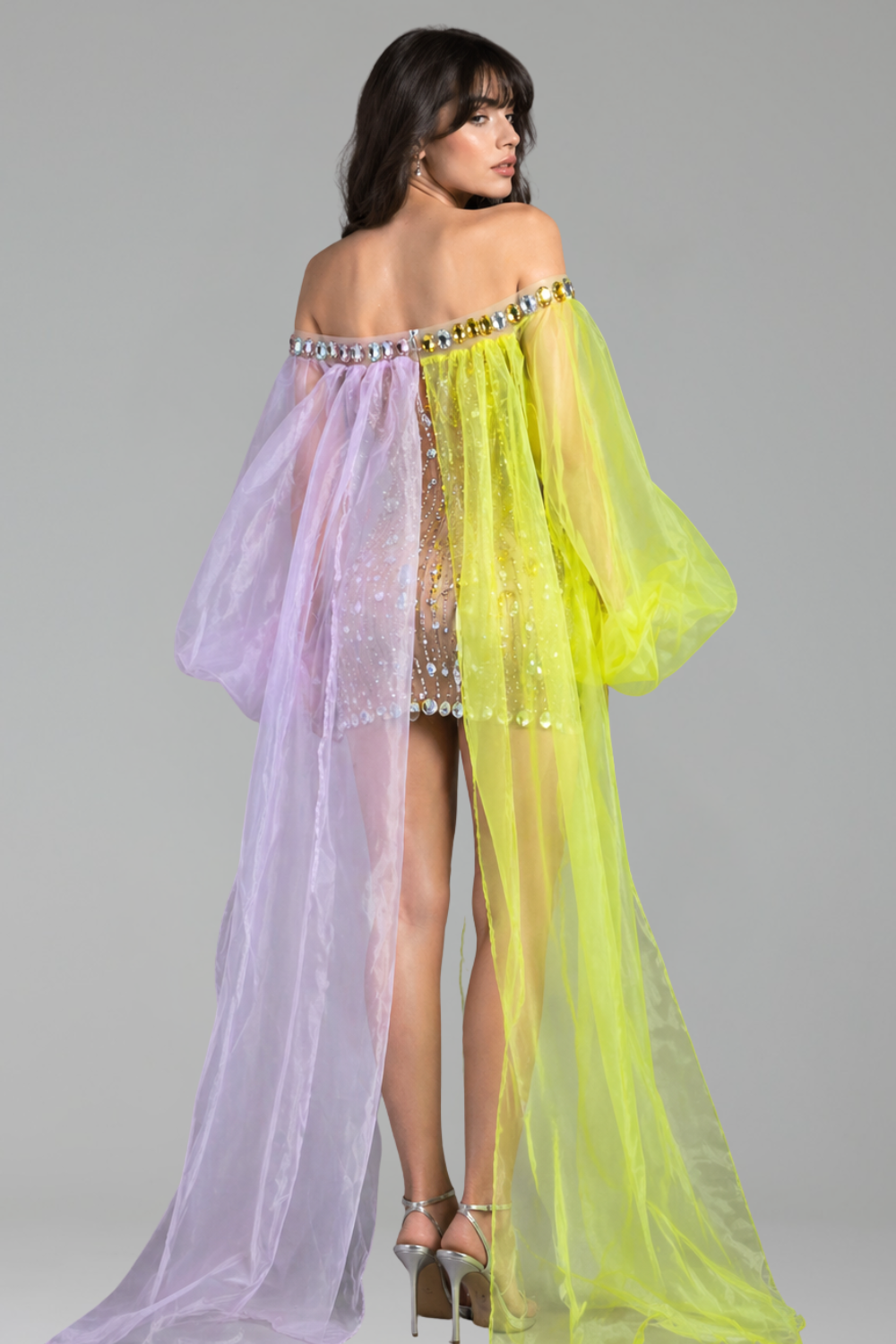 Off Shoulder Embellished Sheer Sleeve Mini Dress - LAROSABRIDE