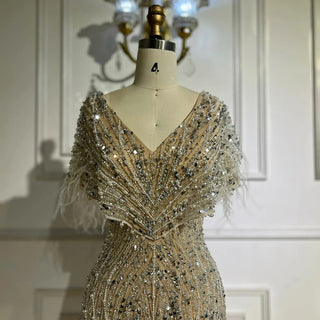 Ships in 2 to 5 Days - Elegant White Nude Beaded Mermaid Evening Gown – 2025 Saudi-Inspired Dress with Feather Details
