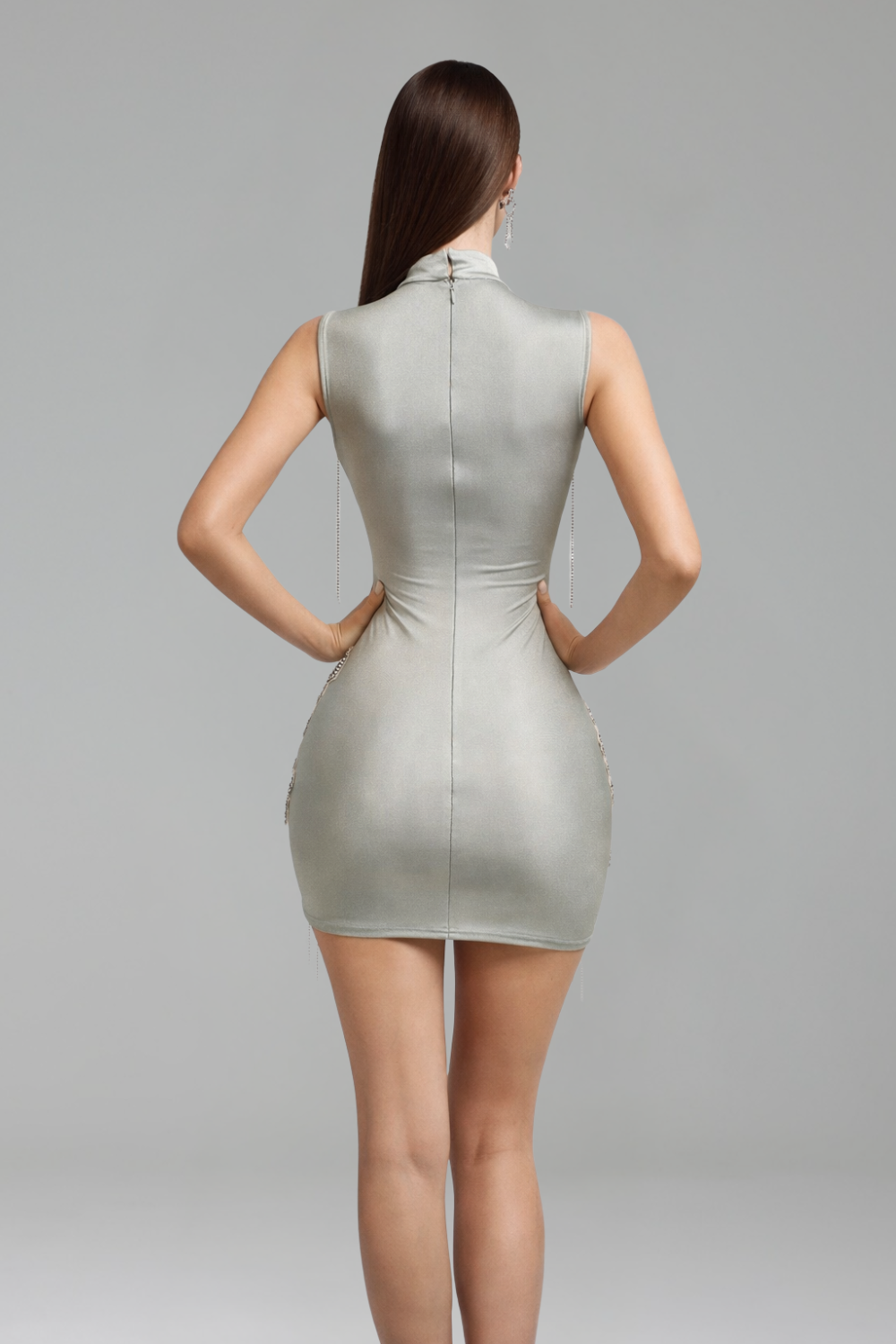 High Neck Embellished Illusion Mini Dress - LAROSABRIDE