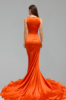 Sheer Embellished Satin Mermaid Gown - LAROSABRIDE