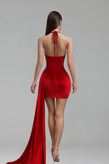 Halter Appliqu� Draped Train Mini Dress - LAROSABRIDE
