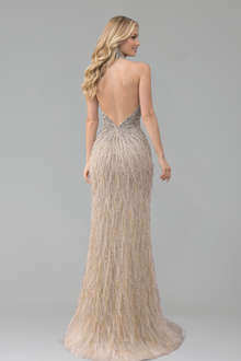 Feather Beaded Halter Mermaid Dress - LAROSABRIDE