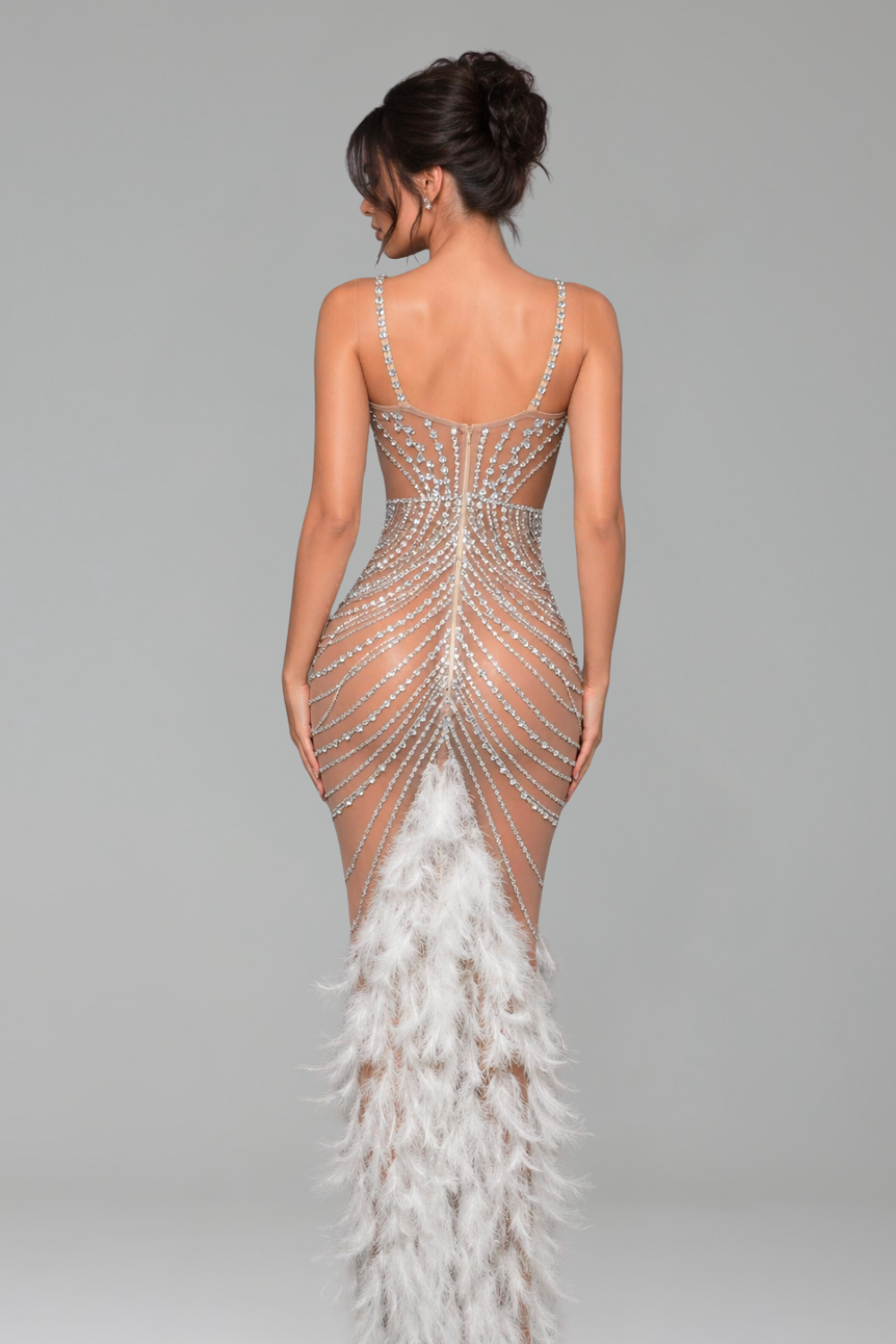 Feather-Trimmed Crystal Mermaid Dress - LAROSABRIDE