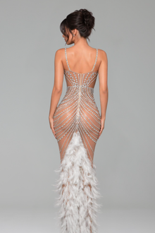 Feather-Trimmed Crystal Mermaid Dress - LAROSABRIDE